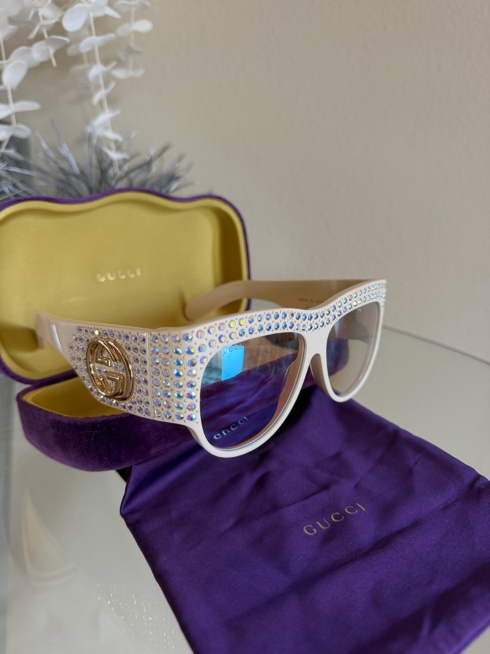 Authentic GUCCI GG 135mm Crystal mirror Off white Oversized Sunglasses